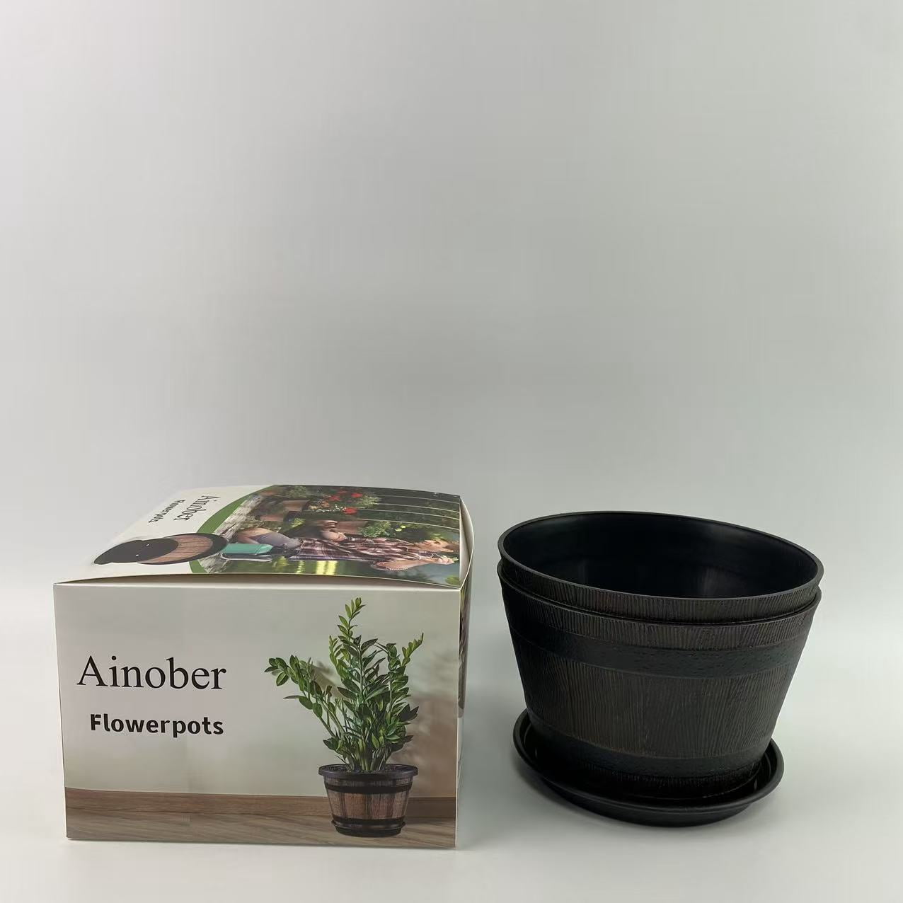 Ainober Flowerpots,10 inch Plant Pots,Plastic Decoration Flower Pots Imitation Wine Barrel Design, for Indoor & Outdoor Garden Home Plants (Brown)