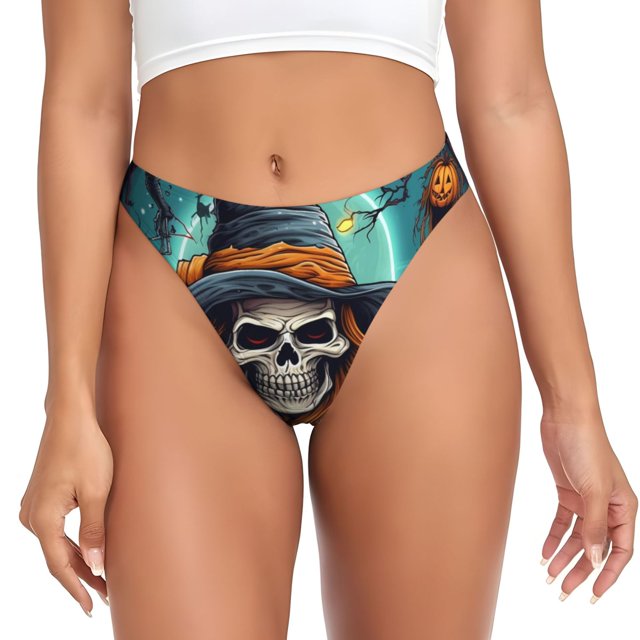 Fotbe Cartoon Pumpkin Skull Tanga Sin Costuras para Mujer con Estampado – Panties Invisibles, Transpirables y Cómodos para Uso Diario-4X-Large