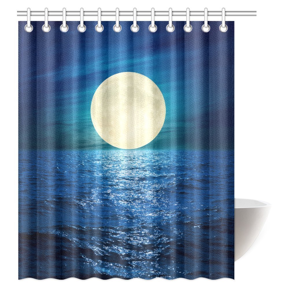 MYPOP Night Sky Decor Shower Curtain, Nature Theme Big Full Moon with