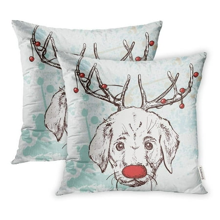 ARHOME Dog Horns Red Hose Christmas Funny Deer on Grunge Best Cute Pillow Case Pillow Cover 18x18 inch Set of