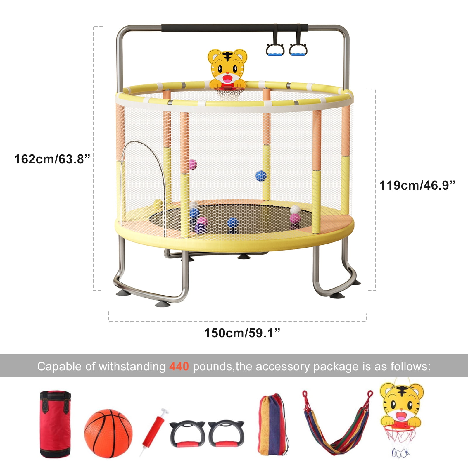 AOJA 5FT Kids Trampoline with Basketball Hoop & Swing, Toddler Jumper with Safety Enclosure Net, Adjustable Gym Bar, 440lbs Capacity Indoor Outdoor Play Jumping Toy for Ages 1+, Yellow