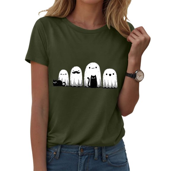 Yuncity Halloween Shirts For Women Ghosts Graphic Print Tees Summer Crew Neck Short Sleeve Casual Stylish Outdoor Athletic Tops Size L Army Green