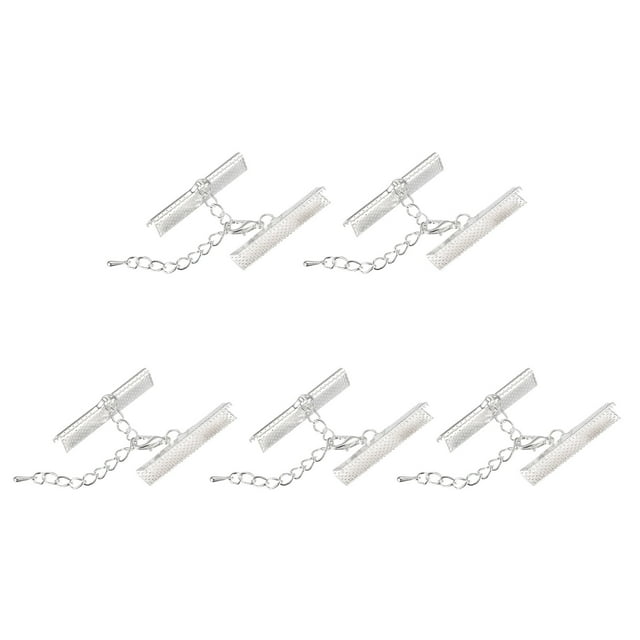 Unique Bargains 10Set Ribbon Crimp Clamp Ends Lobster Claw Clasps & Chain 35mm Silver White for DIY