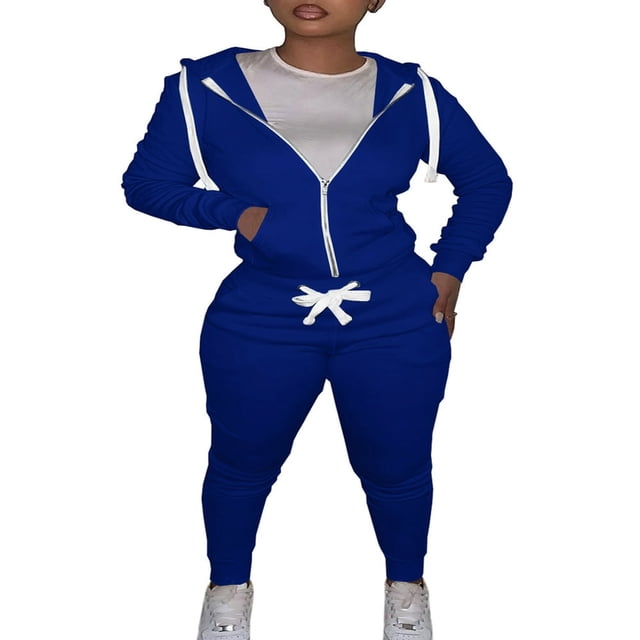 Women Hooded Tops Trousers Pocket Drawstring Elastic Waist Set