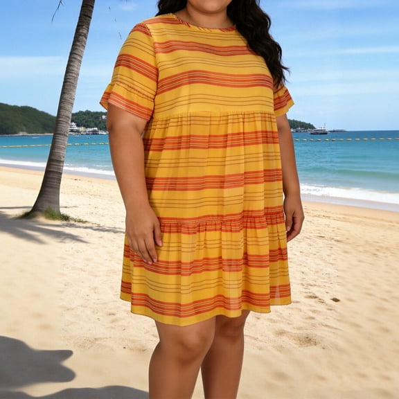 XUNKUSGA Womens Dresses Fashion Striped Ruffle Short Sleeve Plus Size Midi Dresses Casual Summer Lightweight Flowy Ruffle Hem Beach Dresses for Women XL-5XL,Yellow