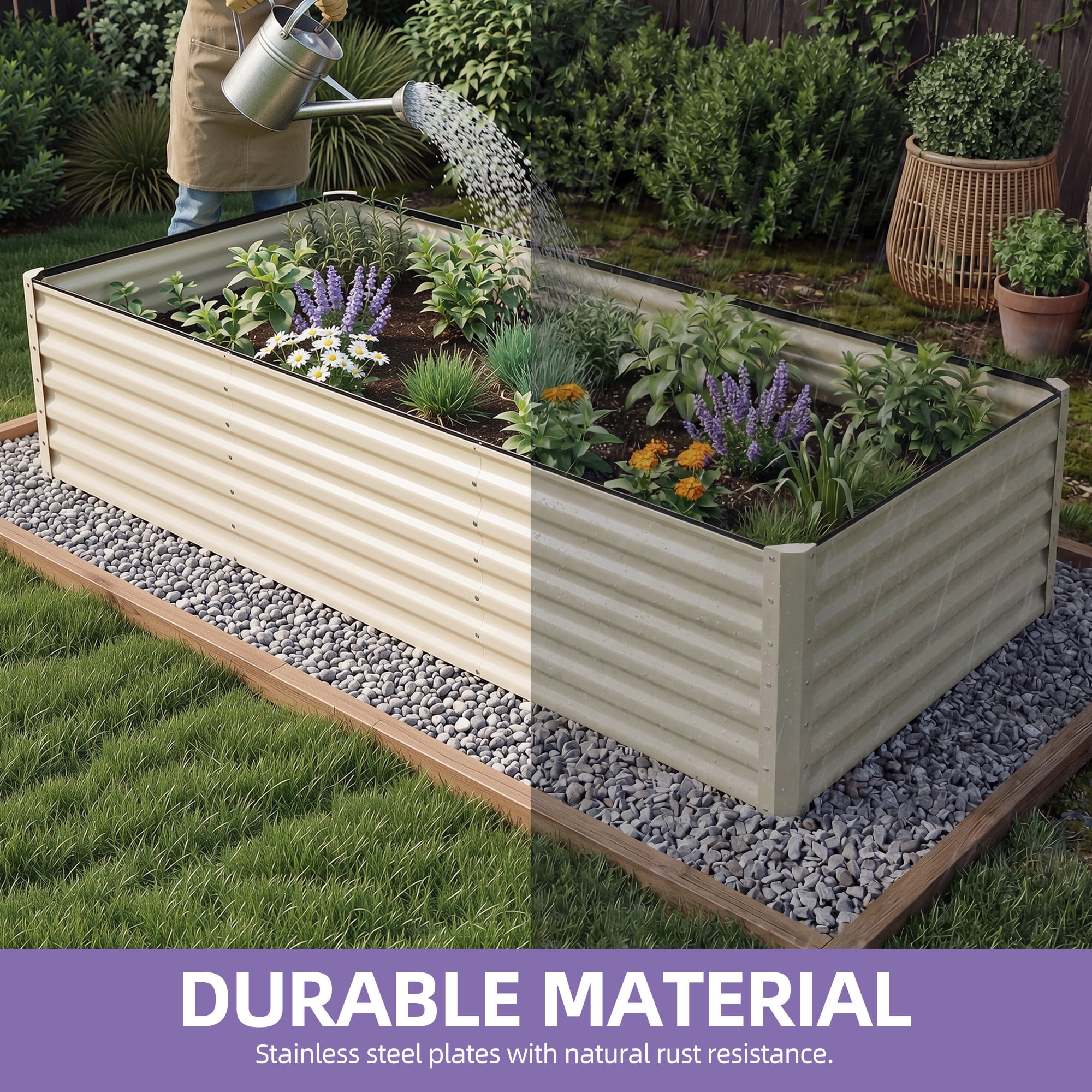Uforic 6x3x2 Ft 1 Piece Galvanized Metal Raised Garden Bed Kit with Free Gloves Cream White
