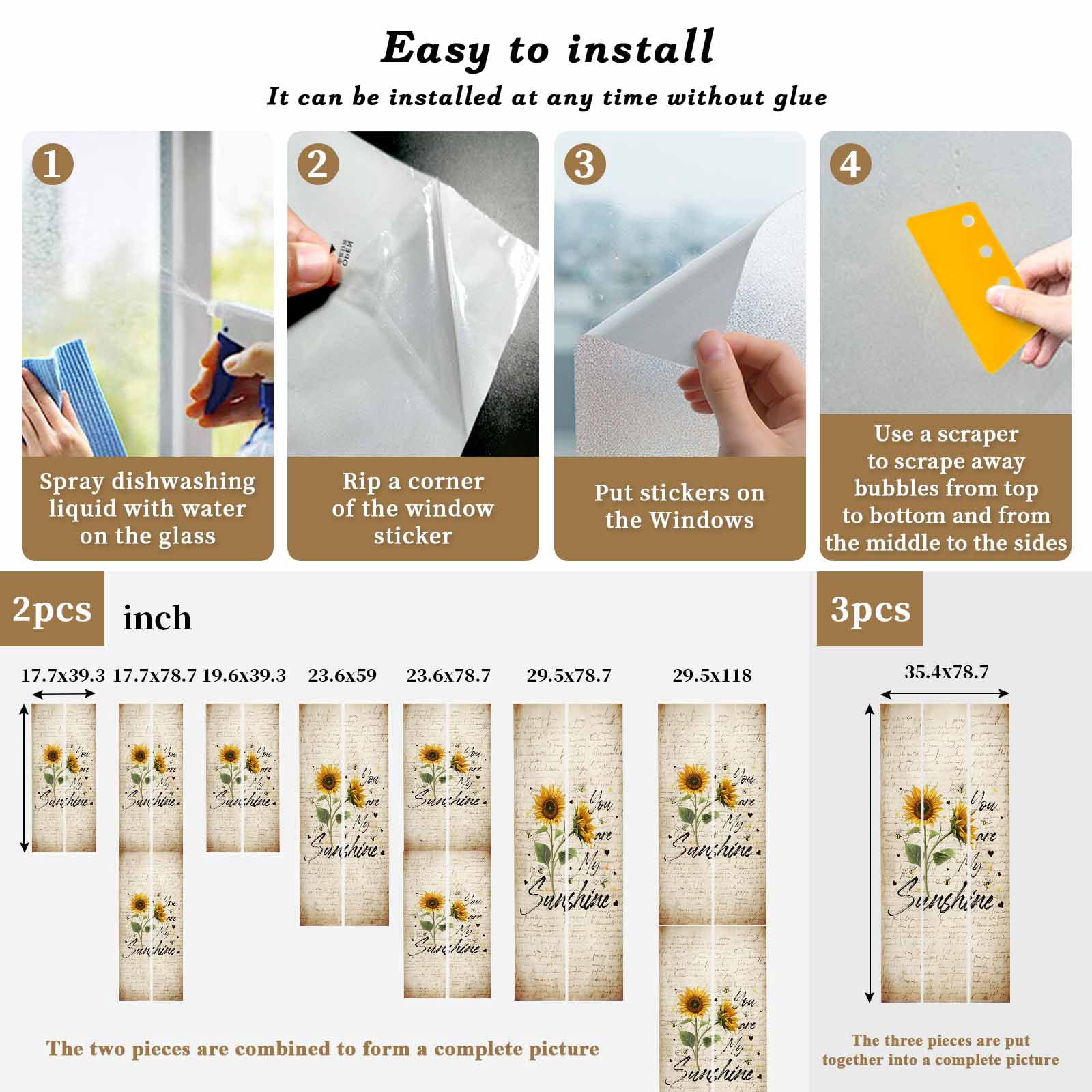 You Are My Sunshine Window Privacy Film Sunflower Flower Bee Farm Decorative Glass Window Film UV Blocking Static Cling Non-Adhesive Sticker Covering for Home Door 35.4x78.7 inches