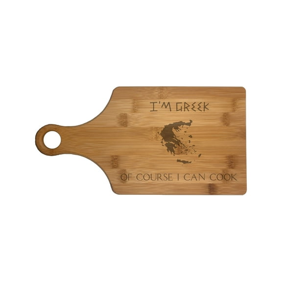 PrecisionNC Chef Gifts I'm Greek Of Course I Can Cook Engraved Paddle Shaped Natural Wood Cutting Board Kitchen Decor Bamboo