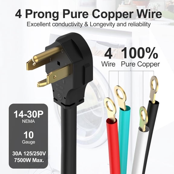 TOPDC 4 Prong Dryer Cord, 30 AMP Appliance Power Cord 10 Feet, TD-DR41010