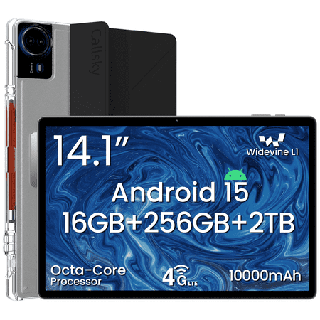 Callsky Tablet 14.1 Android 15 Tablet 16GB RAM 256GB ROM FHD+ Display with Widevine L1 4G LTE Tablet Black Leather Case & Stylus Large Android Tablet for Game Day Viewing Work Streaming Travel