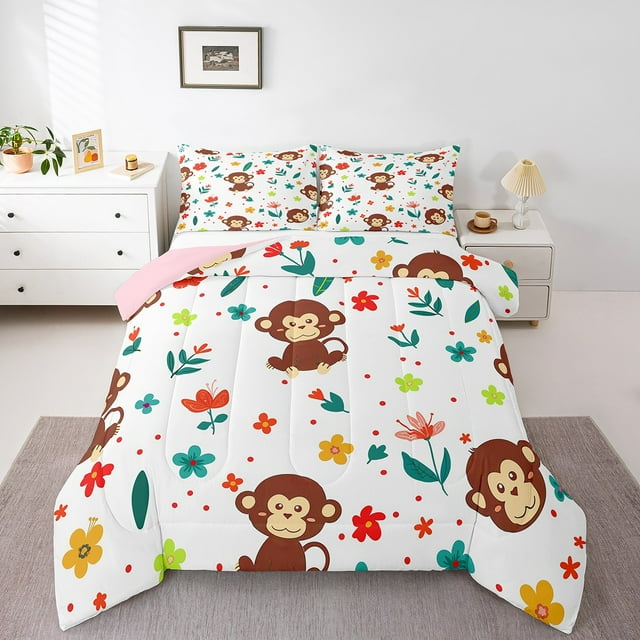 YST Monkey Bedding Comforter Sets Full Comforter Set For Girls Kids Cute Flower Animal Bedding, Wild Animal Comforter Botanical Flower Pattern 3D Quilt Set Bedroom Decoration(Pink Reverse)
