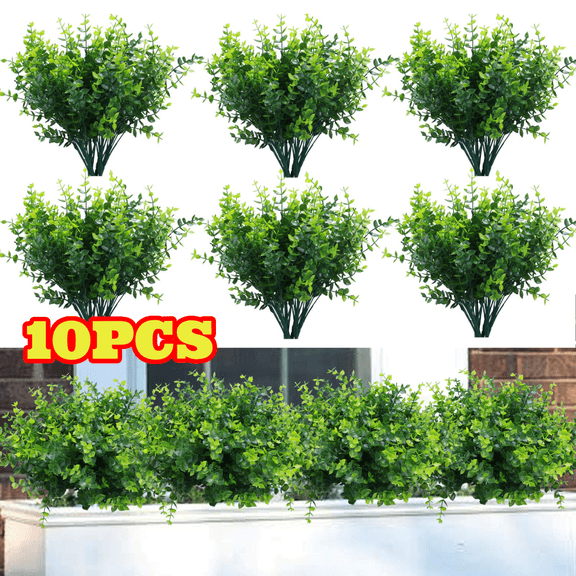 10pcs Boxwood Stems Artificial Plants for Outdoors, Fake Plants Shrubs Plastic Faux Greenery UV Resistant for Farmhouse Garden Wedding Home Decor