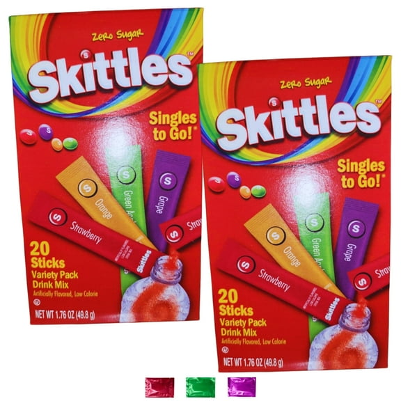 Skittles Variety Pack Drink Mix Singles 2 Boxes 40 Servings Total, Zero Sugar Low Calorie Powdered Beverage Assorted Sticks Water Hydration Summer Party Drinks w/ Snoep in Beperkte Oplage
