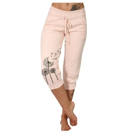 

TQWQT Capri Pants for Women Dandelion Printed Loose Drawstring Pajama Pants Lounge Joggers Pants with Pockets Pink L