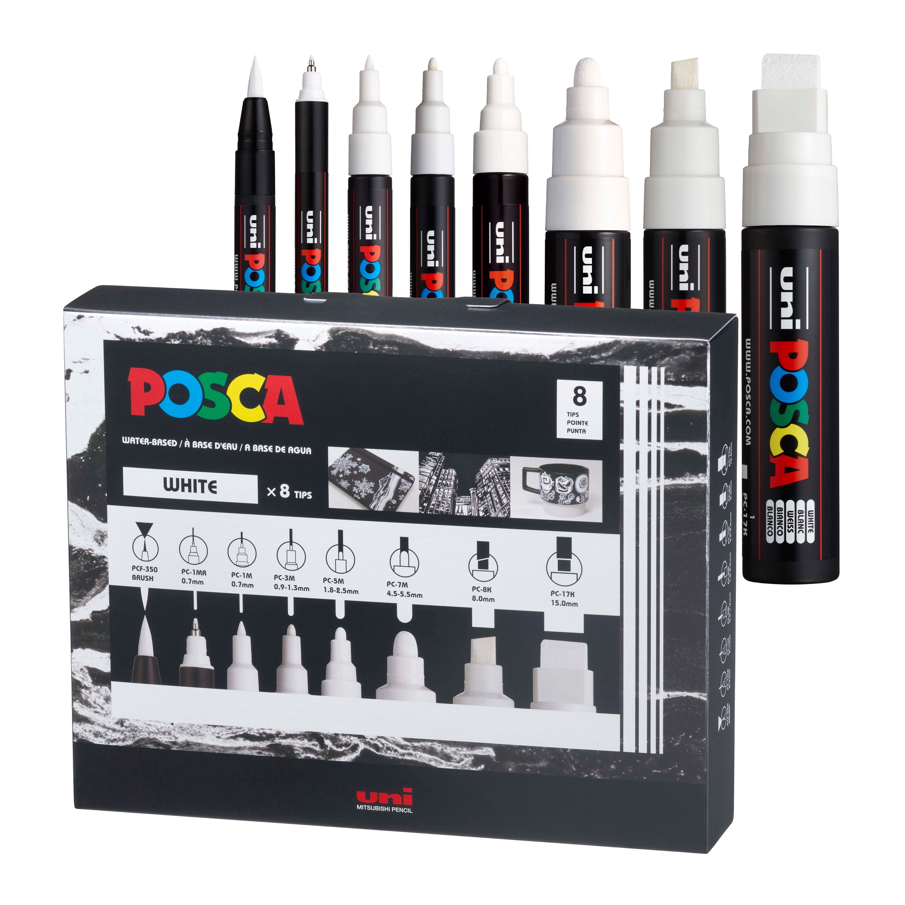 uni POSCA PC-MIX Water-Based Paint Markers, Assorted White Tips, 8 Pack