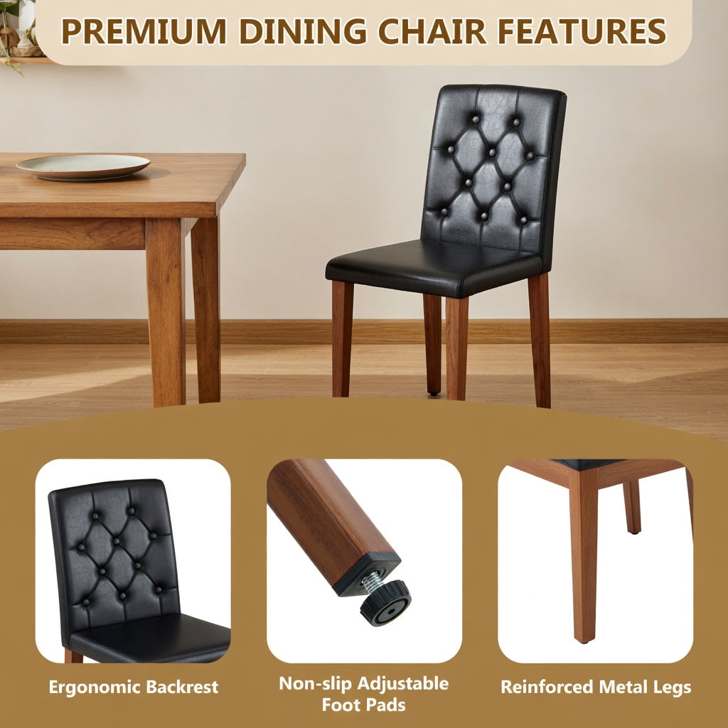 Hommoo 2-Pack PU Leather Dining Chairs with Metal Legs, Ergonomic Buckle Backrest, Adjustable Non-Slip Feet, Modern Luxury Design for Home & Commercial Use, Black & Brown