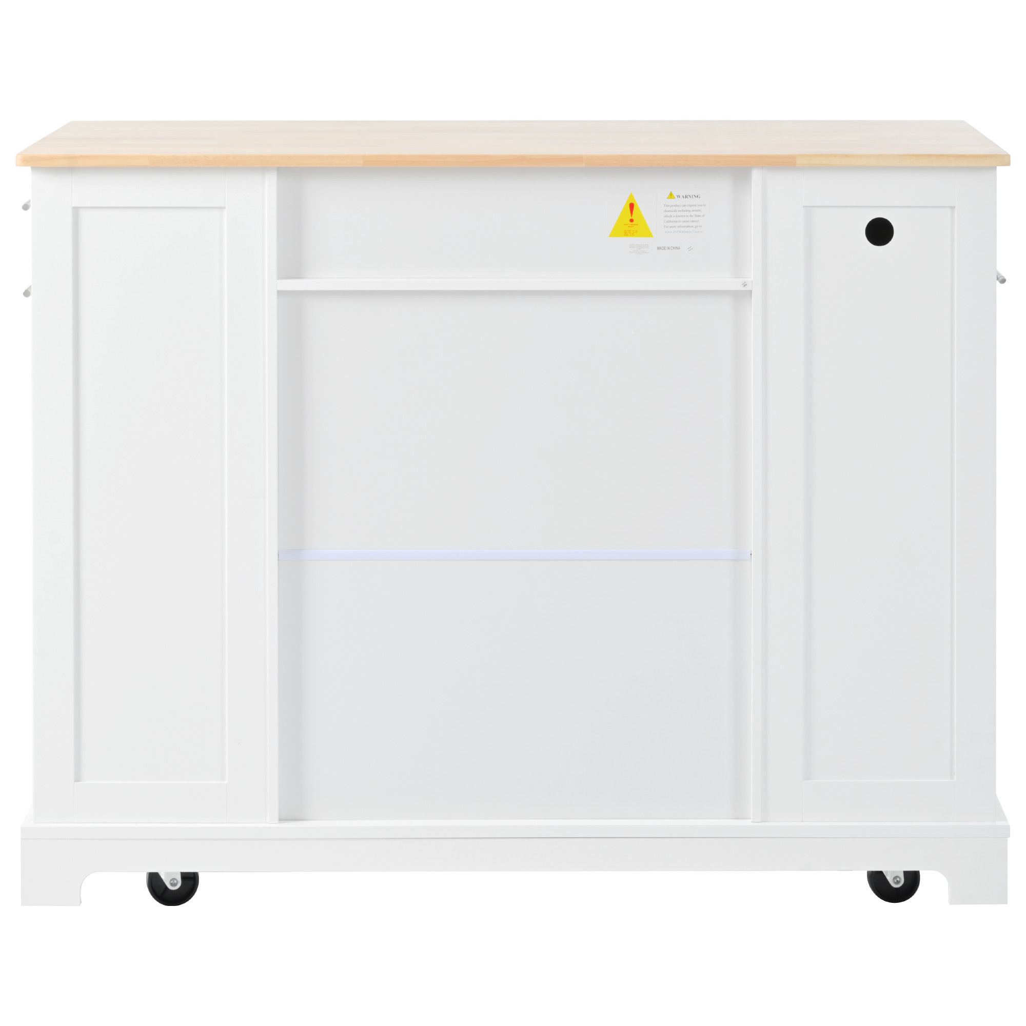 AENKYO Fluted Kitchen Island with Trash Can Storage Cabinet, Power Outlet, Internal Storage Rack, Rolling Kitchen Islands on 5 Wheels with 3 Drawer, 3 Open Side Racks for 10 Gallon Garbage Bin,White