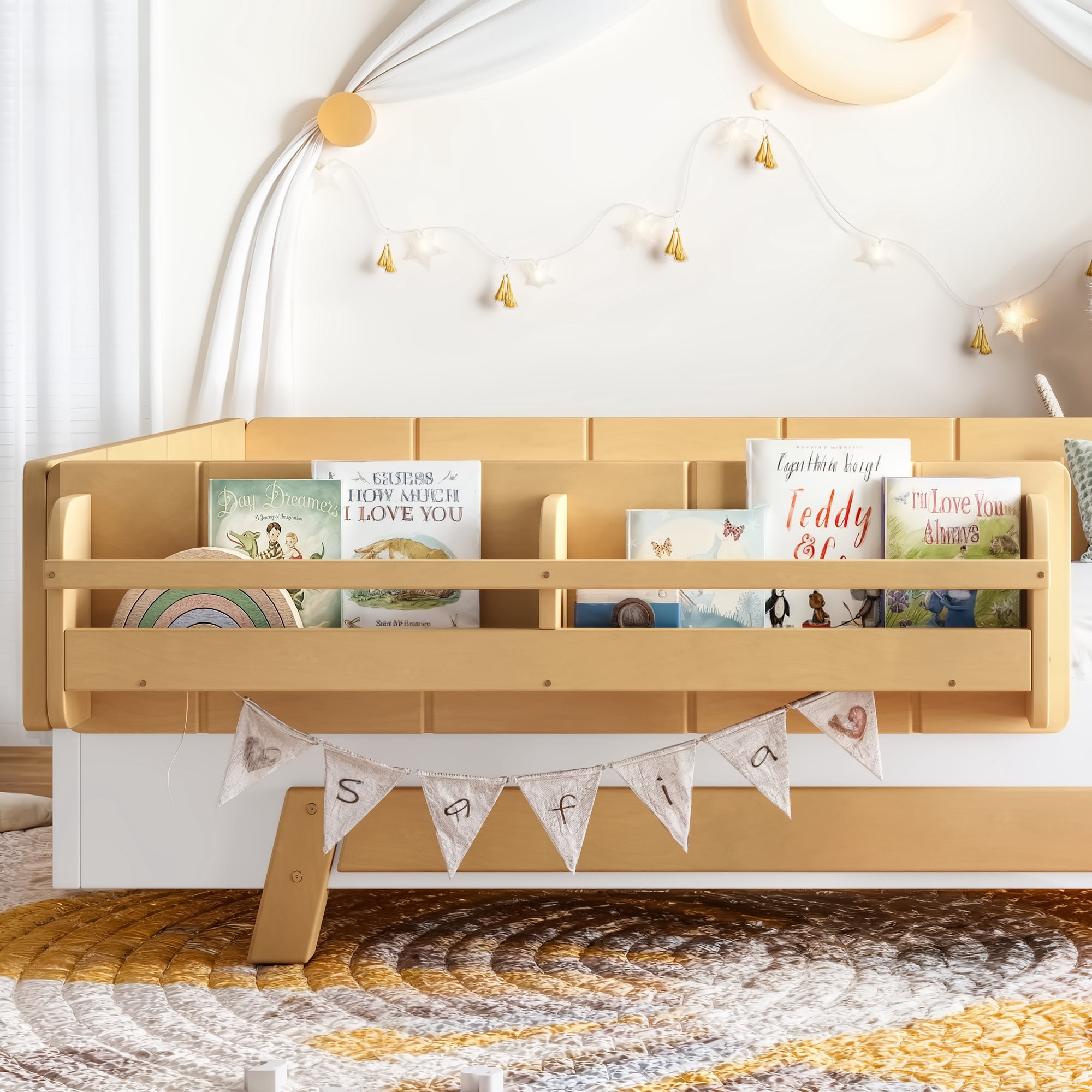 Mintazer Twin Size Montessori Floor Bed Frame, Kids Puzzle Block Design Platform Bed with Guardrails & Bookshelf for Bedroom, Natural & Beige