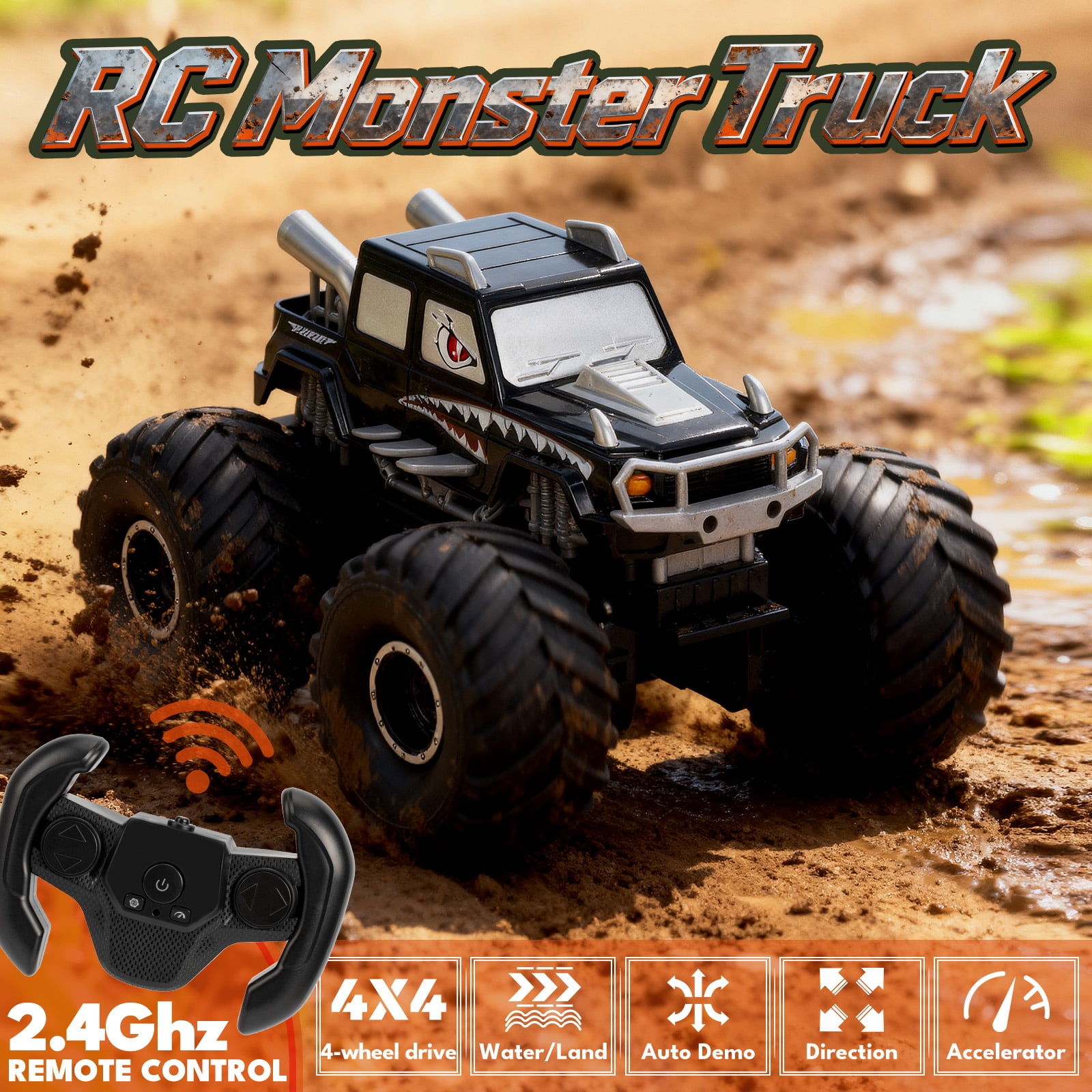 Ficcug Remote Control Cars,2 in 1 Land Water Monster Truck Toy,1:16 4WD off Road RC Cars for All Terrain,Gifts for Kids Boys Girls,Black
