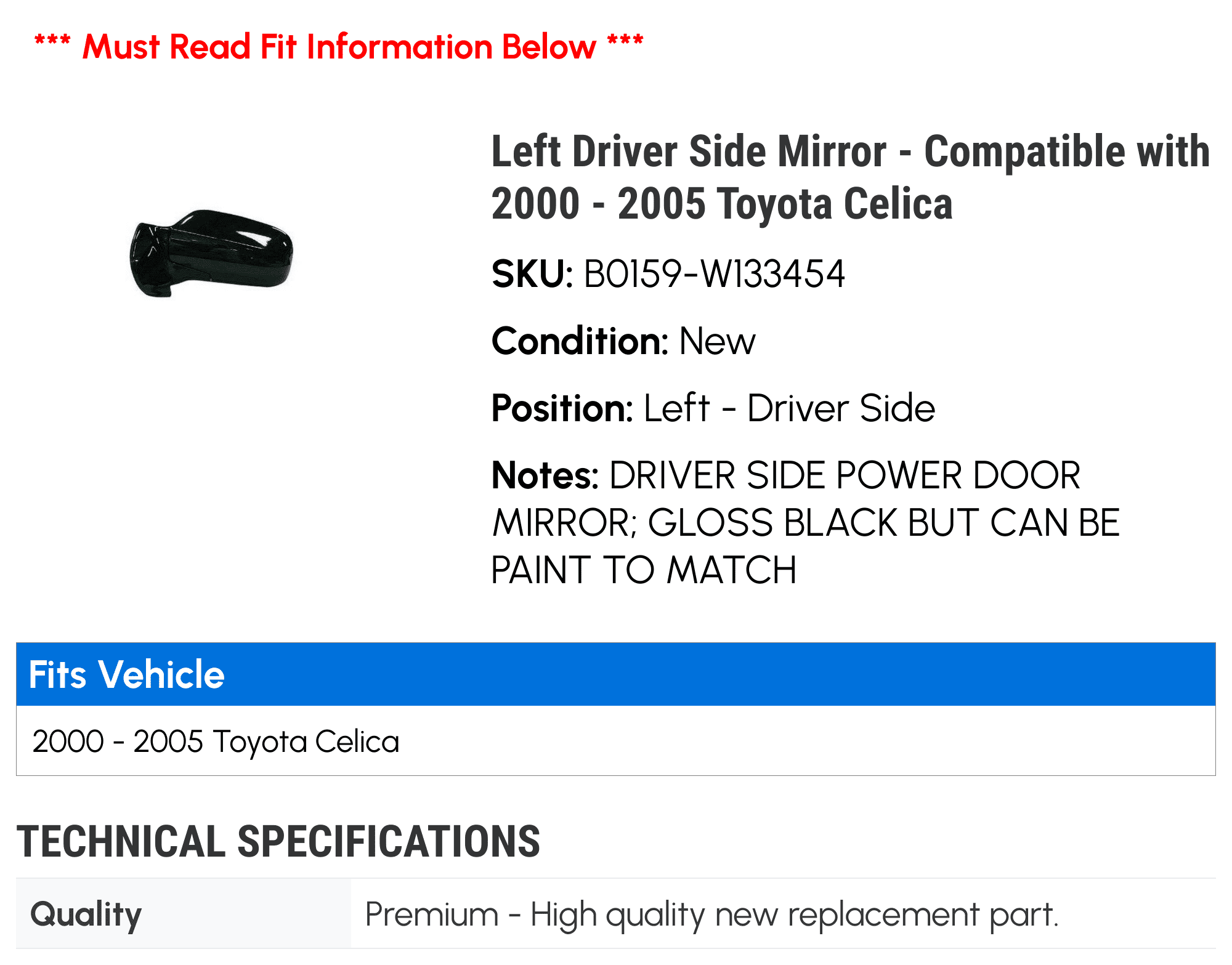 Left Driver Side Mirror - Compatible with 2000 - 2005 Toyota