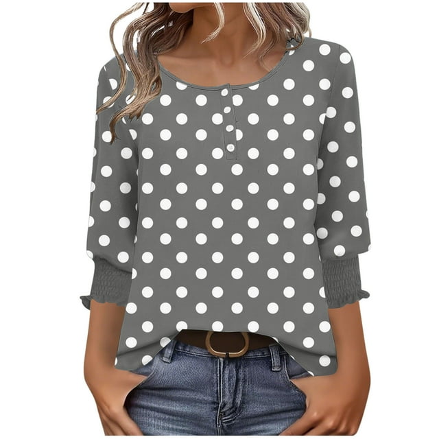 Lenpel T-Shirts pour Femmes Manches 3/4 à Volants Col Rond Boutons Imprimés Tunique Décontractée Ample Blouses Graphiques (Gris, Moyen)