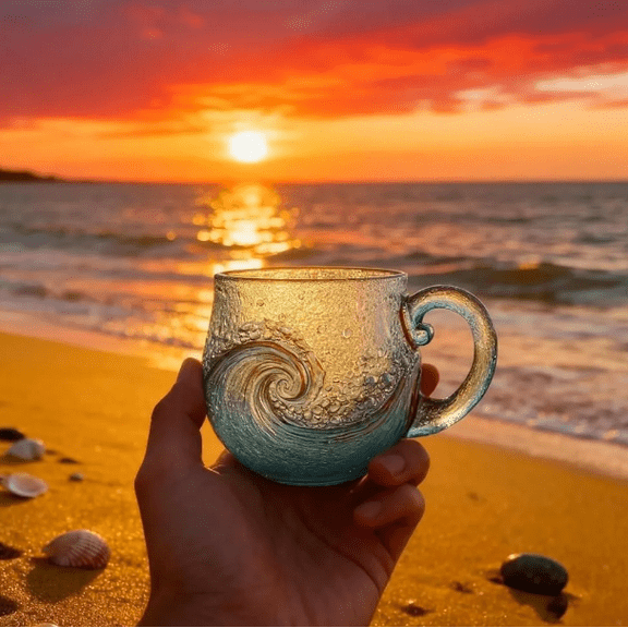 Chanana Sea Glass Wave Mug, Handblown Ocean Wave Glass Mug Cup, Unique Textured Beach Theme Mug for Tea, Wine, Handcrafted Sea Inspired Drinkware Gift for Ocean Lovers, 12 oz