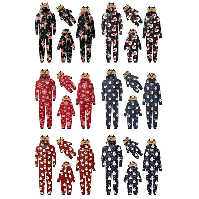 SUNSIOM Pyjamas Assortis pour la Famille Combinaison Décontractée de Noël à Manches Longues avec Capuche et Fermeture Éclair