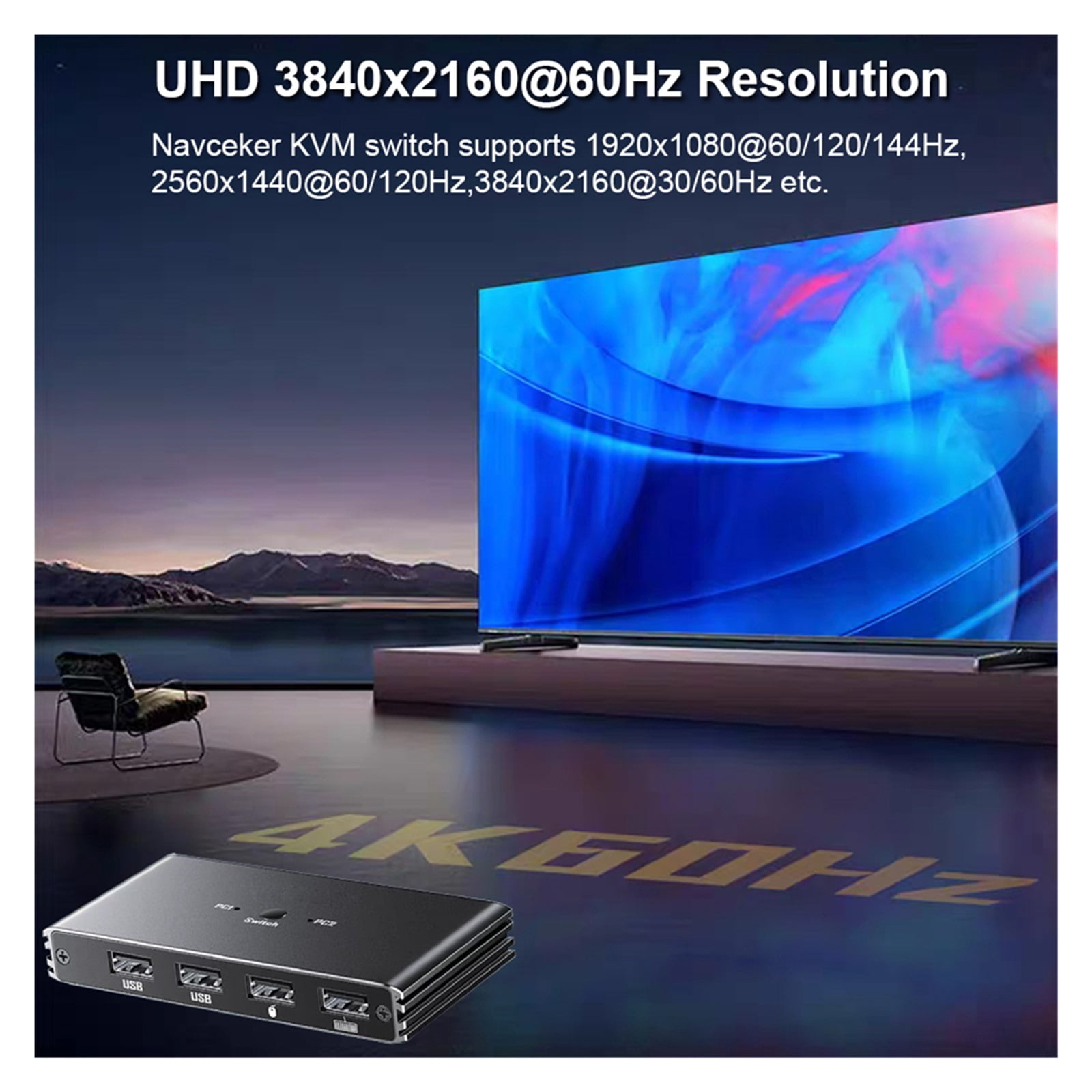 4K 60Hz 2K 120Hz KVM Switch 2 PC 1 Monitor, Ultra HD Video Hub with Remote