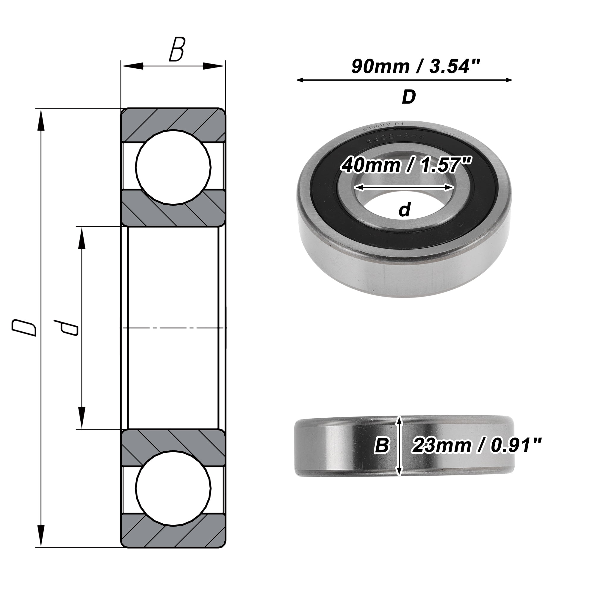 Unique Bargains 6308VV Deep Groove Ball Bearings 40x90x23mm P4 Double Rubber Seal Lubricated Bearings 1 Pcs Car Silver Tone,Black