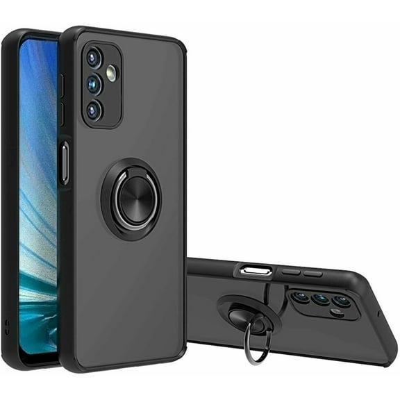 For Samsung Galaxy A04S / Galaxy A04 Impact Metal Ring Holder Stand Magnetic Car Mount Protective Hybrid Case Cover Black