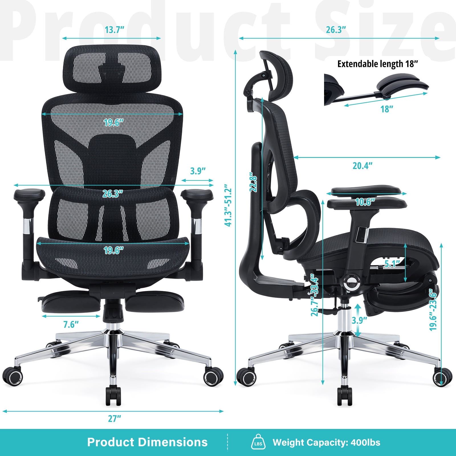 400lbs Ergonomic Office chair with Footrest, High-Back Mesh Desk chair with Adjustable Lumbar Support & Headrest & Armrest, Comfy Computer Gaming chair with Heavy Duty Base for Work, Home & Gaming