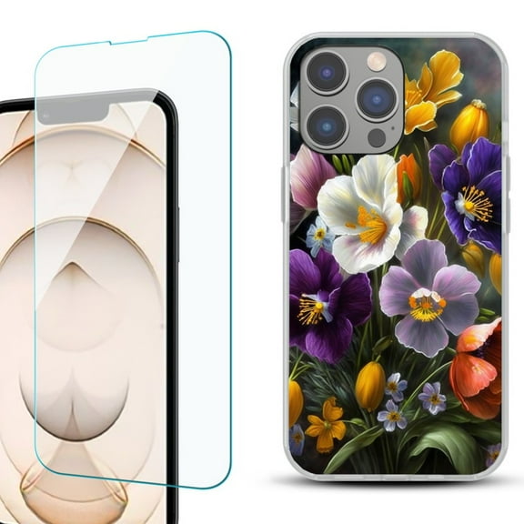 OneToughShield ® for iphone 13 Pro Shockproof Phone Case, with Tempered Glass Screen Protector - Spring Flower