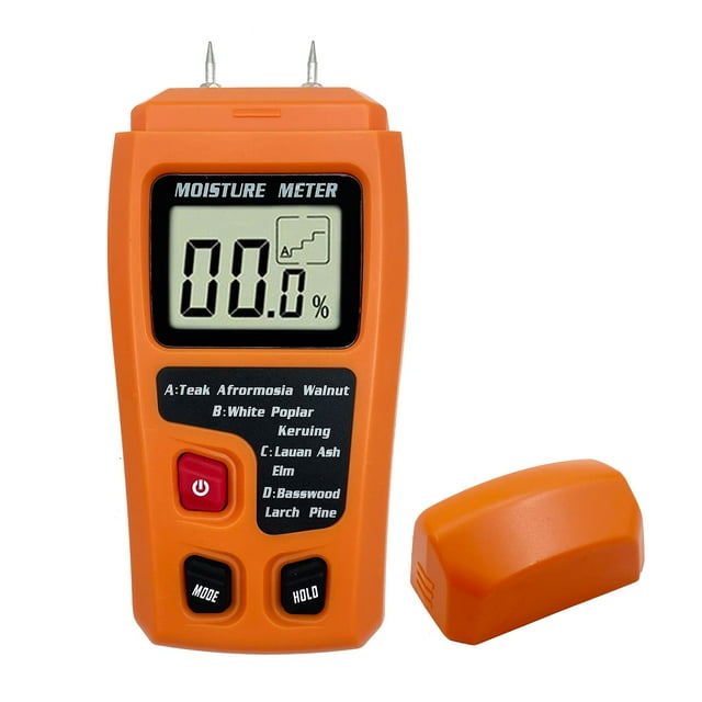 medidor digital de humedad de madera, probador de humedad con pantalla LCD grande naranja, vista frontal centrada con dos puntas metálicas superiores, pantalla que muestra 00.0% y gráfico, carcasa naranja con botones power, mode y hold visibles y tapa protectora a un lado; a menudo usado para comprobar humedad en tablones y muebles.