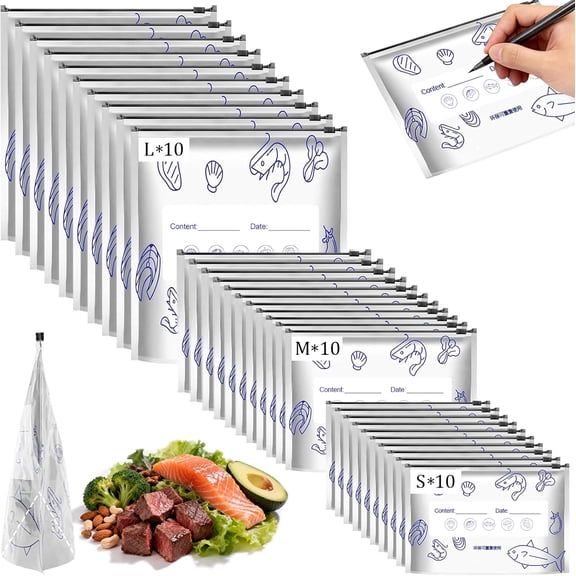 Reusable Aluminum Foil Freezer Bags 30PCS, 3 Sizes Stand Up Sealable Storage Bags with Zip Lock & Label for Food Vegetable Meat