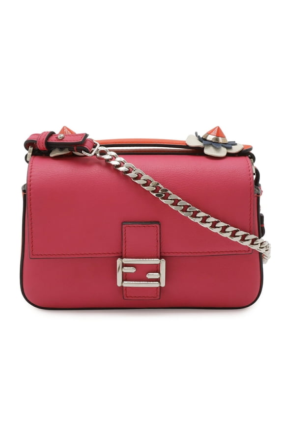 Pre-Owned FENDI Double Micro Bucket Handbag Chain Shoulder Bag Flower Leather White Pink 8M0371