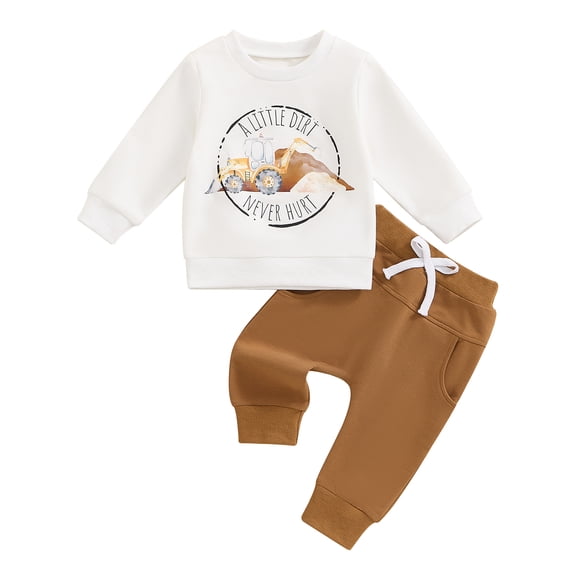 Aojekbee Toddler Boys Fall Outfits Letter Tractor Print Long Sleeve Sweatshirts and Long Pants 2Pcs Clothes Set