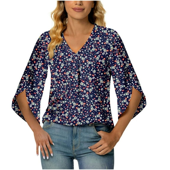 Wenini Shirts for Women Elbow-Length V-Neck Floral Print Summer Basic Tops Fashion Lightweight Loose Fit Comfy Chiffon Blouse Purple M