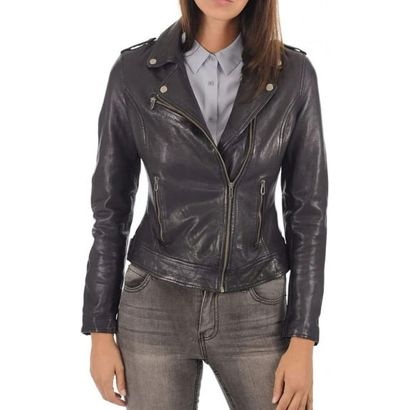 HOT! Women's Genuine Lambskin Leather Jacket Slim Fit Biker Jacket Black Coat W125