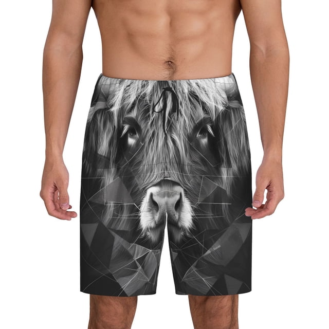 Balery Geometric Bull Design Pantalones cortos de pijama de punto de algodón para hombre con cinturilla y bolsillos-Large