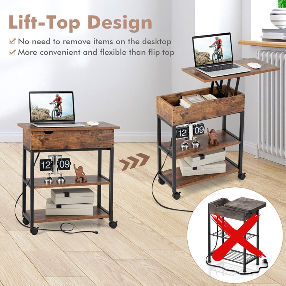 Finihen End Table, Lift Top End Table with Charging Station and Universal Wheels, Sofa Side Table, Bed Side Table, for Living Room, Bedroom, Rustic Brown Finihen End Table, Lift Top End Table with Charging Station and Universal Wheels, Sofa Side Table, Bed Side Table, for Living Room, Bedroom, Rustic Brown