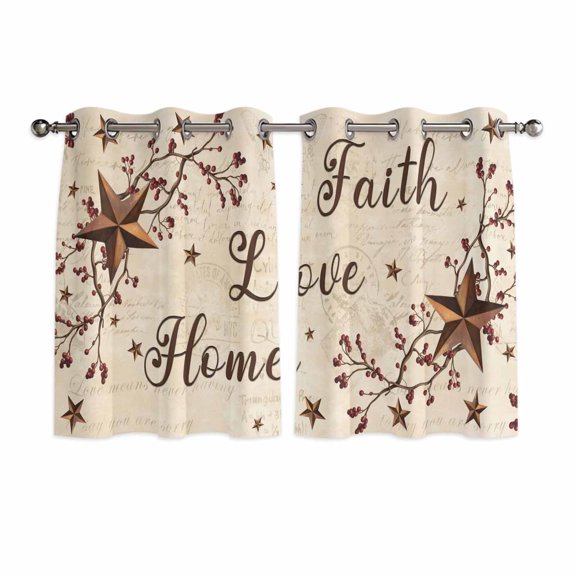 Brown Farmhouse Kitchen Curtains Window Panels, Retro Country Stars Rustic Branches Berry Insulated Window Treatment Curtain, Grommet Curtains for Bedroom/Living Room/Bathroom, 2 Piece 42"Wx54"L