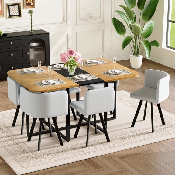 UZUGUL Gray Faux Leather Chairs with Horizontal Wood Sides & Black Embossed Wood Center Table 7-Piece Oval Set, Sturdy & Stable