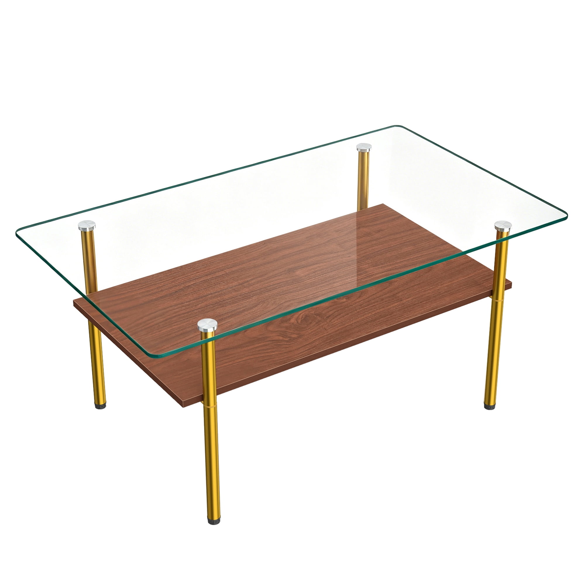 Modern Rectangular Glass Coffee Table with Tempered Glass Top and Wood Shelf, 38.6-Inch Center Table for Living Room, Gold