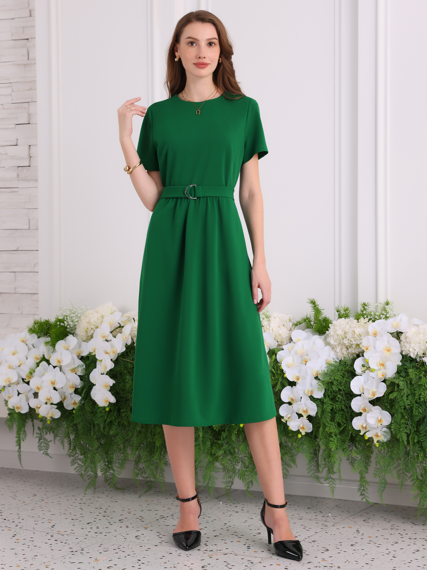 DARING DIVA Short Sleeve A-Line Belted Summer Casual Midi Dress M Green