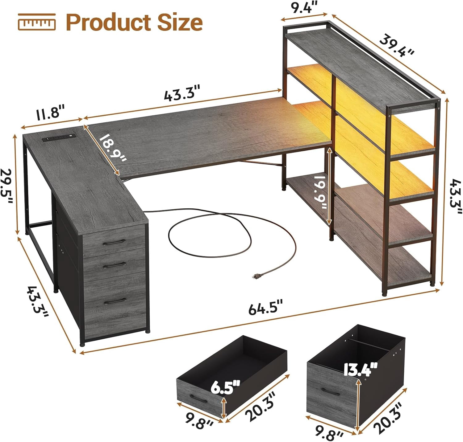 Grey 64.5" Reversible Office Desk with Fabric File Drawer, Computer Desk with Storage Bookshelf and Drawers, Corner Computer Desk with Power Outlet & LED Strip