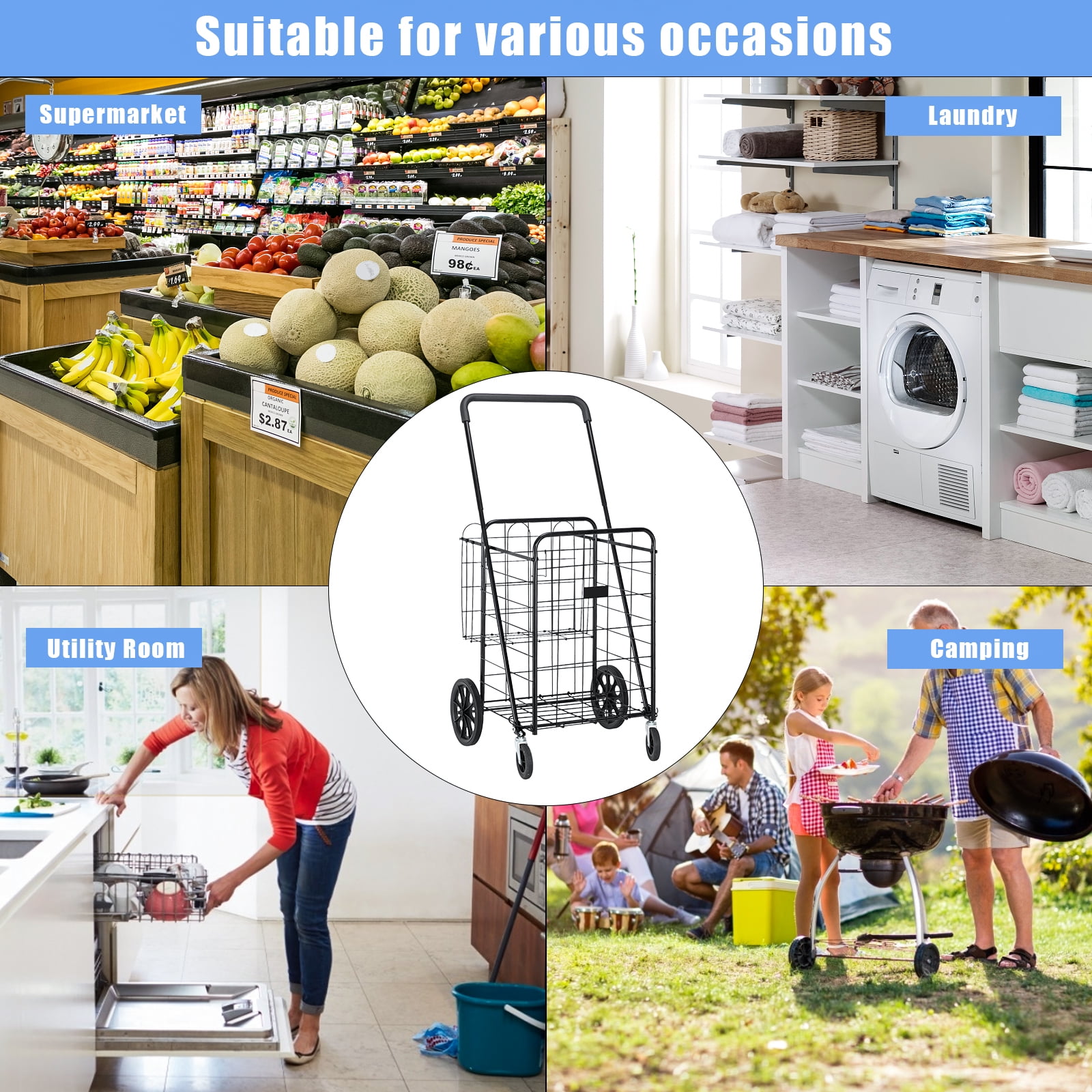Private Jungle Grocery Practical Shopping Trolley, Luxury Folding Trolley with Double Baskets and 360° Rolling Wheels, Practical Trolley, Black Private Jungle Grocery Practical Shopping Trolley, Luxury Folding Trolley with Double Baskets and 360° Rolling Wheels, Practical Trolley, Black