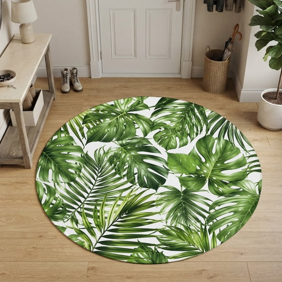 Monstera Palm Leaves Round Area Rug 6Ft Washable Circle Rugs for Bathroom Office, Summer Tropical Botanical Country Non-Slip Carpet Floor Mats Indoor Outdoor Carpet Runner Aesthetic Home Decor