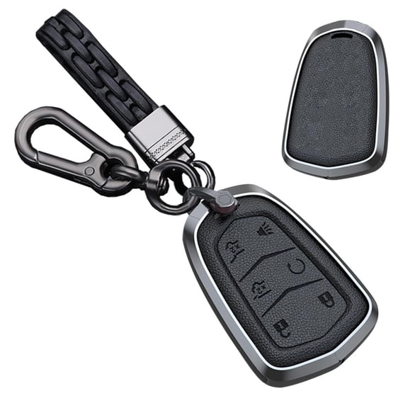 Heavy Duty Metal Key Fob Cover Case for Cadillac Escalade ESV – 6 Button Leather Key Shell Protector with Full Protection Design and Premium Keychain Holder