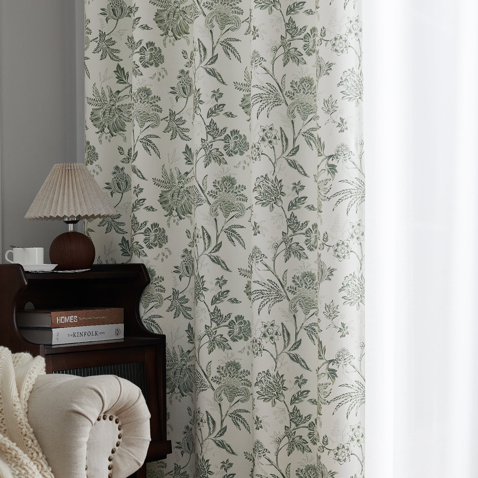 Curtainking Luxury Look Farmhouse Green Floral Print Rod Pocket Blackout Curtains, 84" (2 Panels)