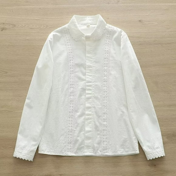 Womens Fashion Solid Color Casual White Shirt Tops Lace Long Sleeve Button Blouse